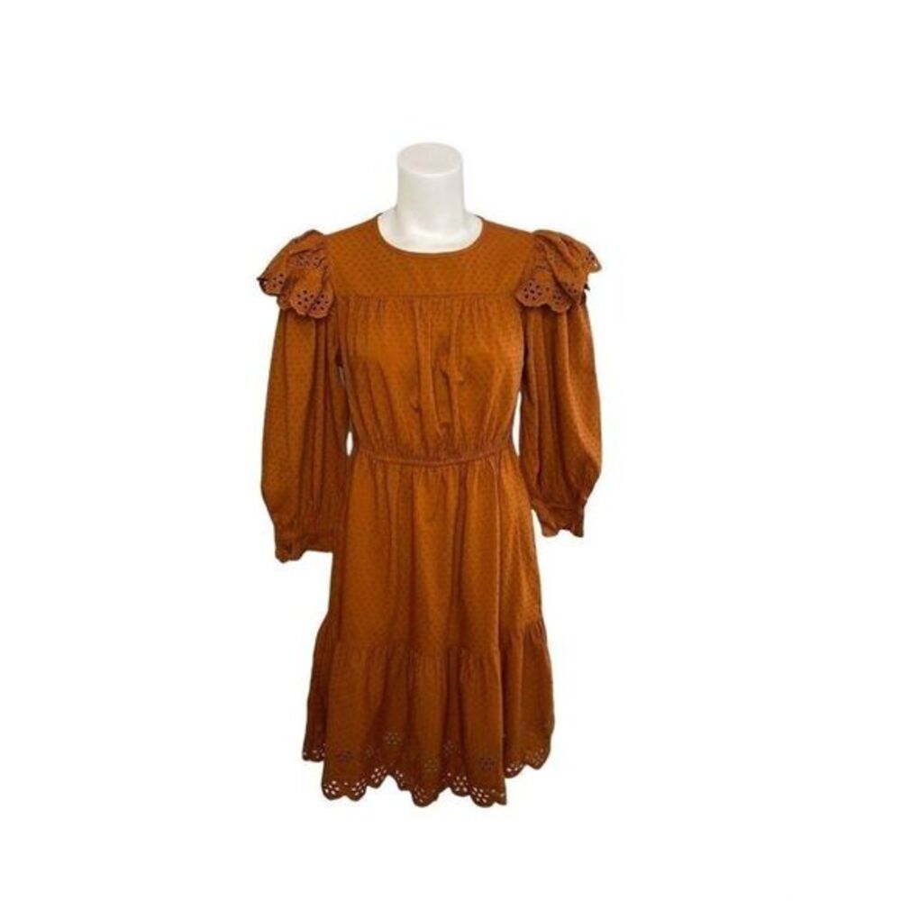 Universal Thread Long‎ Sleeve Dress XS Brown Women's Eyelet-Detail Ruffled NEW